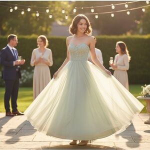 Azazie Strapless Sweetheart Tulle Gown in Sage Green
